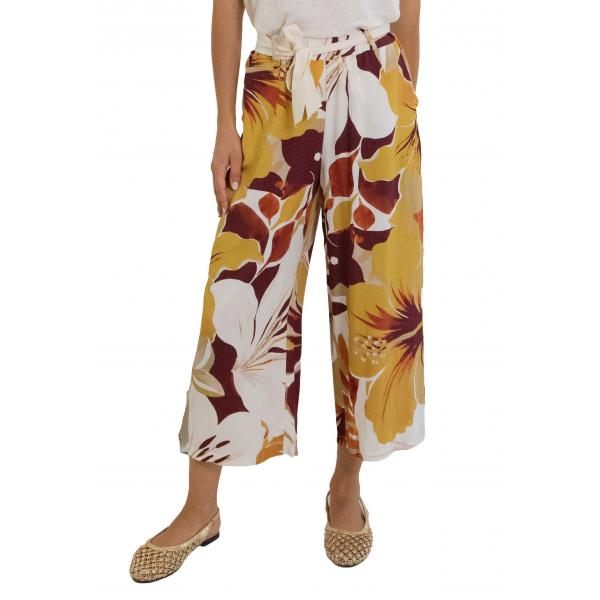 Pantalone  palazzo in viscosa con cintura fantasia 